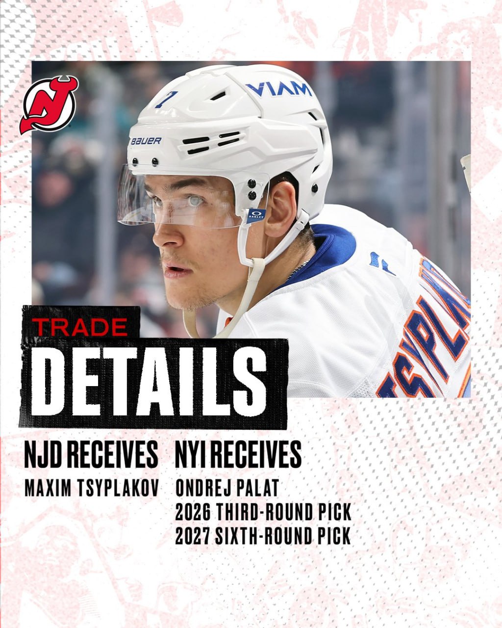 Форвард Максим Цыплаков перешел в Нью Джерси в результате обмена Нью Йорк Айлендерс взамен на российского нападающего получил от Девилз чешского форварда Ондржея Палата а также выбор в третьем раунде драфта в 2026 году и выбор в шестом раунде драфта в 2027 году Подписывайтесь на РИА Новости Спорт в MAX