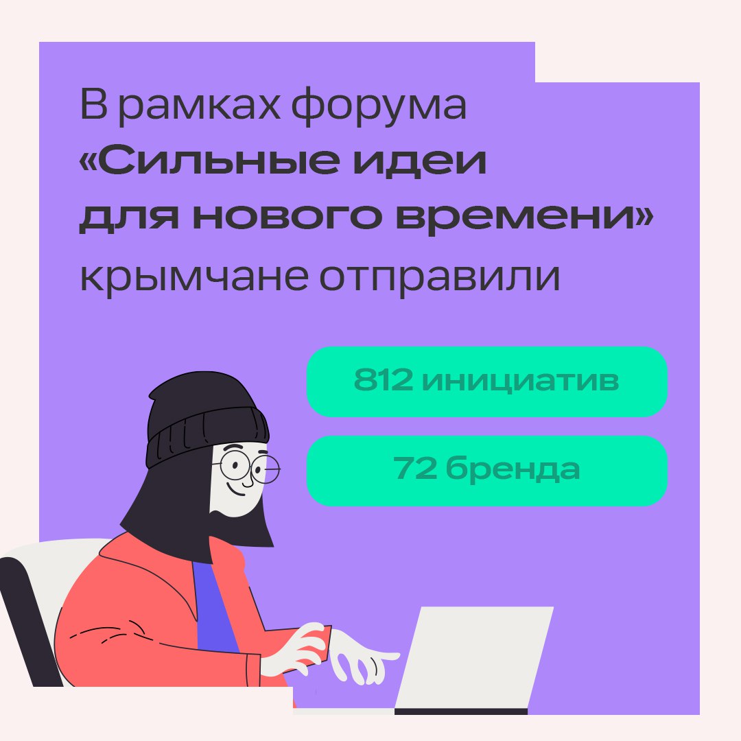 Крымчане представили сотни идей для развития страны  Более 800 предложений от жителей Крыма поступило на форум «Сильные идеи для нового времени». Всего на форум заявлено более 35 тысяч проектов со всей страны. Среди ключевых тем — здоровый образ жизни, поддержка семей и молодежи, развитие сельских территорий, помощь многодетным семьям и участникам специальной военной операции.  Параллельно крымские предприниматели активно участвуют в конкурсе растущих российских брендов «Знай наших». На него крымские предприниматели отправили 72 заявки: от косметической продукции до средств размещения.  Все идеи, поданные на форум, получат соответствующую оценку. А лучшие проекты презентуют руководству страны.