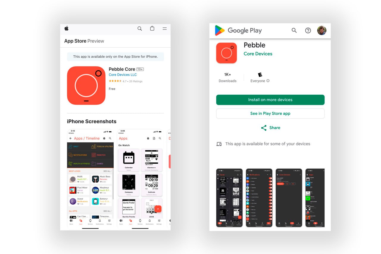 Новое приложение для умных часов Pebble появилось в App Store и Google Play Об этом рассказал основатель бренда умных часов Pebble Эрик Мигиковски Проект назвали rePebble а приложение для управления гаджетами со схожим названием уже доступно для iOS и Android По словам разработчиков приложение поддерживает как старые так и новые модели часов включая недавние Pebble 2 Duo и Core Time 2 Однако пока есть ряд функциональных ограничений могут не запускаться приложения и циферблаты Bluetooth на старых моделях сбоит показатели здоровья сохраняются только в памяти часов а Timeline экран с хронологической лентой событий не поддерживается Скорее всего вышеперечисленные недостатки временные и будут устранены по мере развития приложения iguides