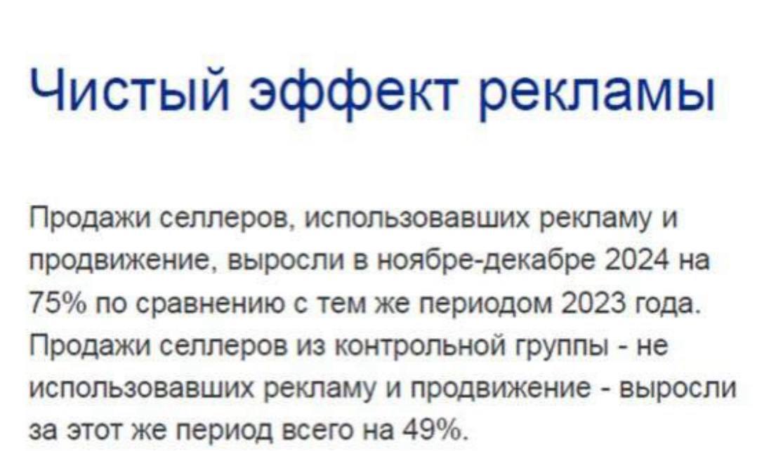 Data Insight и RWB Исследования Wildberries выпустили исследование по эффективности рекламы на маркетплейсах Выяснили неожиданное реклама работает Особенно если вы потратили на неё минимум 500 тысяч рублей А ещё что вода мокрая и Новый год бывает в декабре По их данным продавцы которые запускали рекламу росли на 75 в ноябре декабре 2024 года Без рекламы только на 49 Самый сильный прирост в горячих категориях 547 п п ноутбуки 267 п п умный дом 154 п п автоэлектроника Приятный бонус наружка оказывается баннеры тоже могут приносить выручку Продавцы которые использовали только наружную рекламу показывали рост до 127 в декабре Вопрос лишь в том кого именно сравнивали продавцов с рекламным бюджетом от полумиллиона с теми кто не рекламировался вообще А еще проанализировали тех кто использовал только наружку Эффект реклама работает в таком раскладе удивляет примерно так же как новость магазины с кассой зарабатывают больше чем палатки без retailerswift
