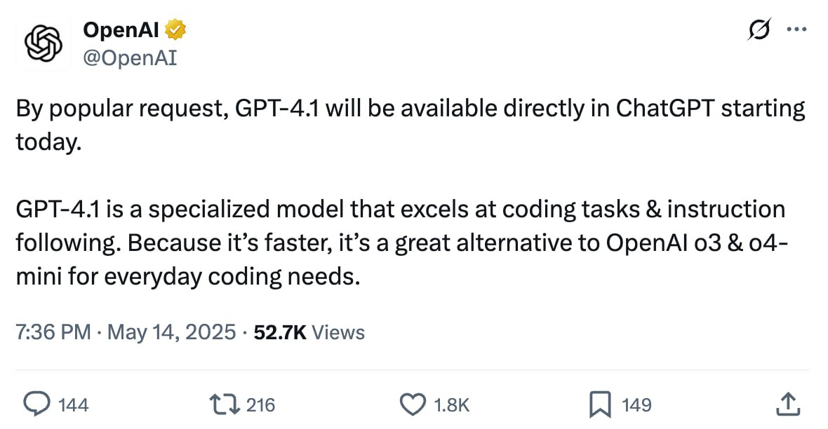 Обновление в ChatGPT: теперь доступна GPT-4.1! Теперь новая версия GPT-4.1 интегрирована в ChatGPT, которая ранее была доступна только для внешних приложений. Эта модель значительно превосходит GPT-4o в области программирования и более эффективно понимает запросы. Она может заменить более сложные версии в каждодневных задачах. Обновление доступно для подписчиков Plus и Pro. Используйте GPT-4.1 в . ———————————————— - Канал про тренды из мира IT, технологий, нейросетей и бизнеса.