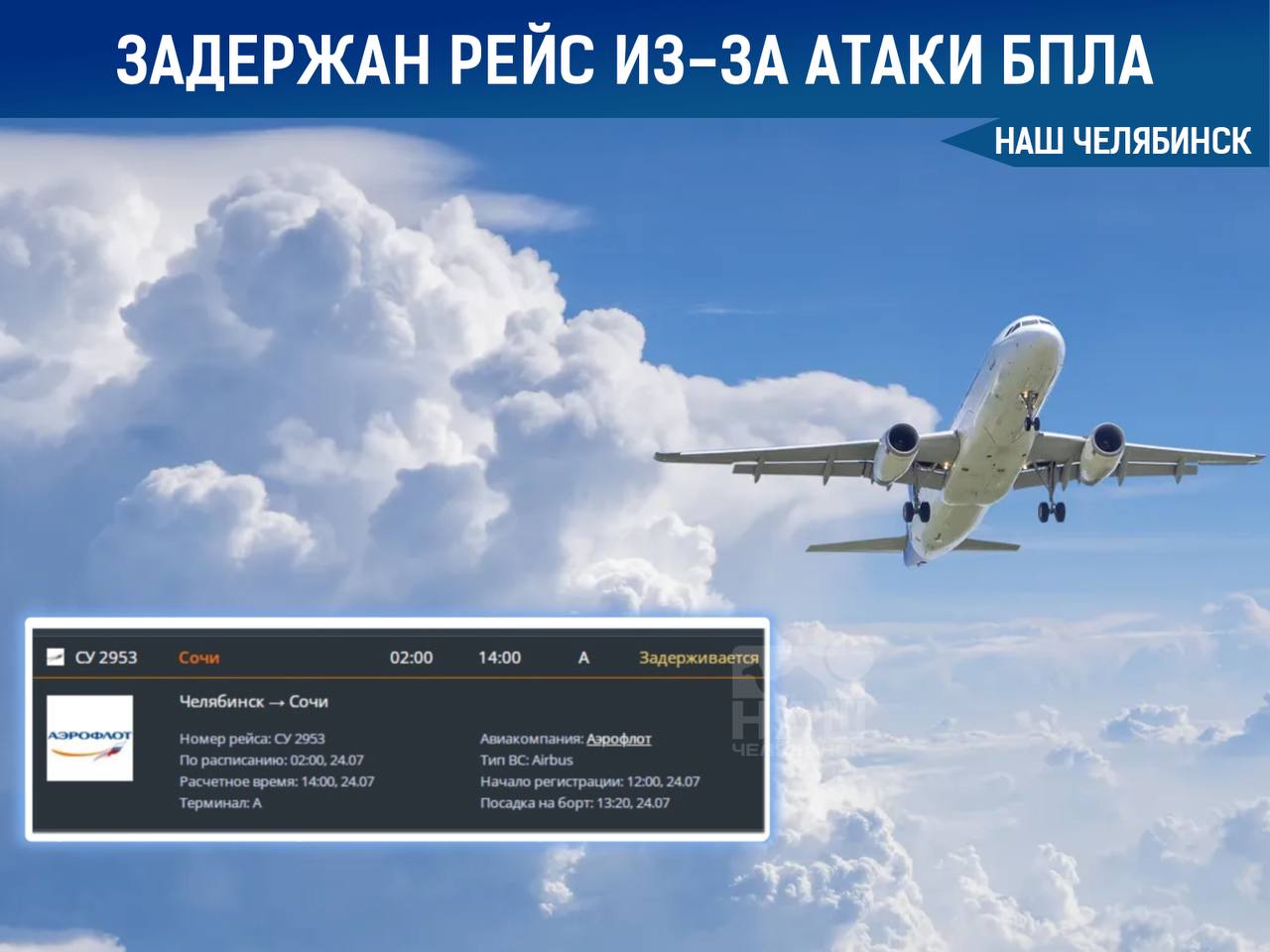 Рейс Сочи – Челябинск задержан на 12 часов после атаки БПЛА Самолет «Аэрофлота», который должен был вылететь в 02:00, перенесен на 14:00 мск. Аэропорт Сочи уже работает в обычном режиме с 05:00, поэтому утренний рейс «Победы» в Челябинск вылетел по расписанию в 05:55 мск.