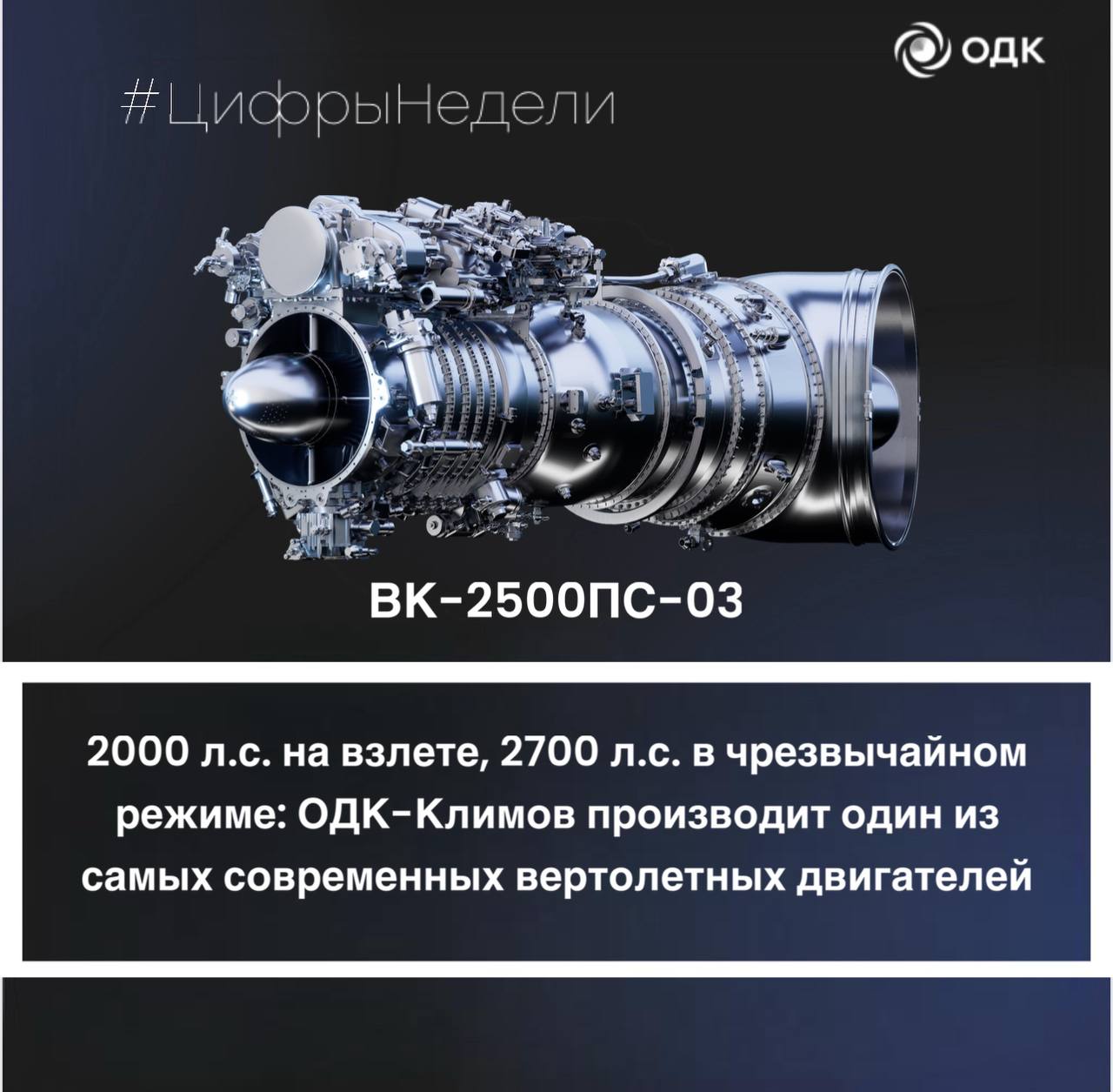 ЦифрыНедели На петербургском предприятии ОДК Климов ведется серийное производство одного из самых современных вертолетных двигателей в линейке Объединенной двигателестроительной корпорации Ростеха ВК 2500ПС 03 Проверенный двигатель продолжает демонстрировать выдающиеся характеристики мощность на взлетном режиме 2000 л с мощность на чрезвычайном режиме 2700 л с Ключевые преимущества ВК 2500ПС 03 оснащен современной цифровой системой автоматического управления обеспечивающей оптимальные режимы работы и снижение нагрузки на экипаж двигатель зарекомендовал себя как надежная силовая установка для различных типов вертолетов в самых сложных эксплуатационных условиях при производстве используются передовые инженерные решения и материалы подтверждающие высокий технологический уровень отечественного двигателестроения Мощность эффективность надежность