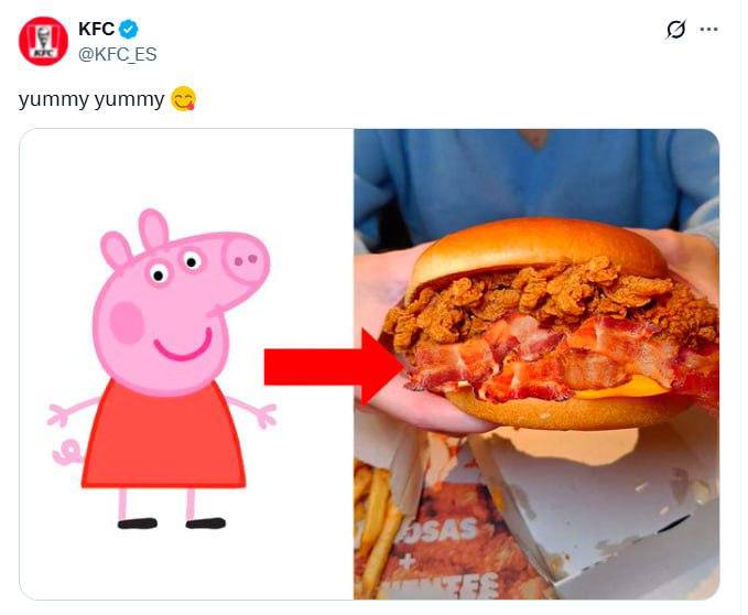 Испанский KFC запостил Свинку Пеппу и напомнил о своем бургере с беконом, в комментах это оценили далеко не все: "Пеппа и хрюкнуть не успела... как превратилась в хрустящий бекончик в семейном комбо"; "Серьезно, KFC, детский мультик?"; "Черт, это мерзко… Забавно, но мерзко".