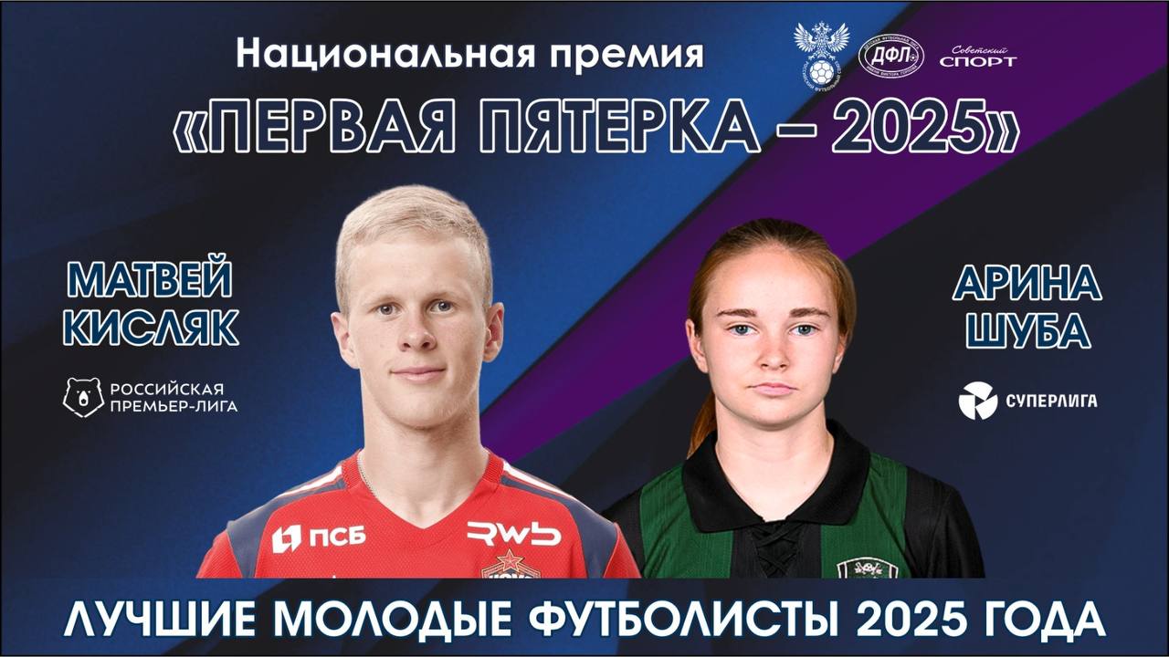 Матвей Кисляк признан лучшим молодым футболистом РПЛ 2025 года Игрок забрал премию Первая пятерка опередив в тройке лидеров Кирилла Глебова и Игоря Дмитриева а женскую награду получила Арина Шуба из Краснодара