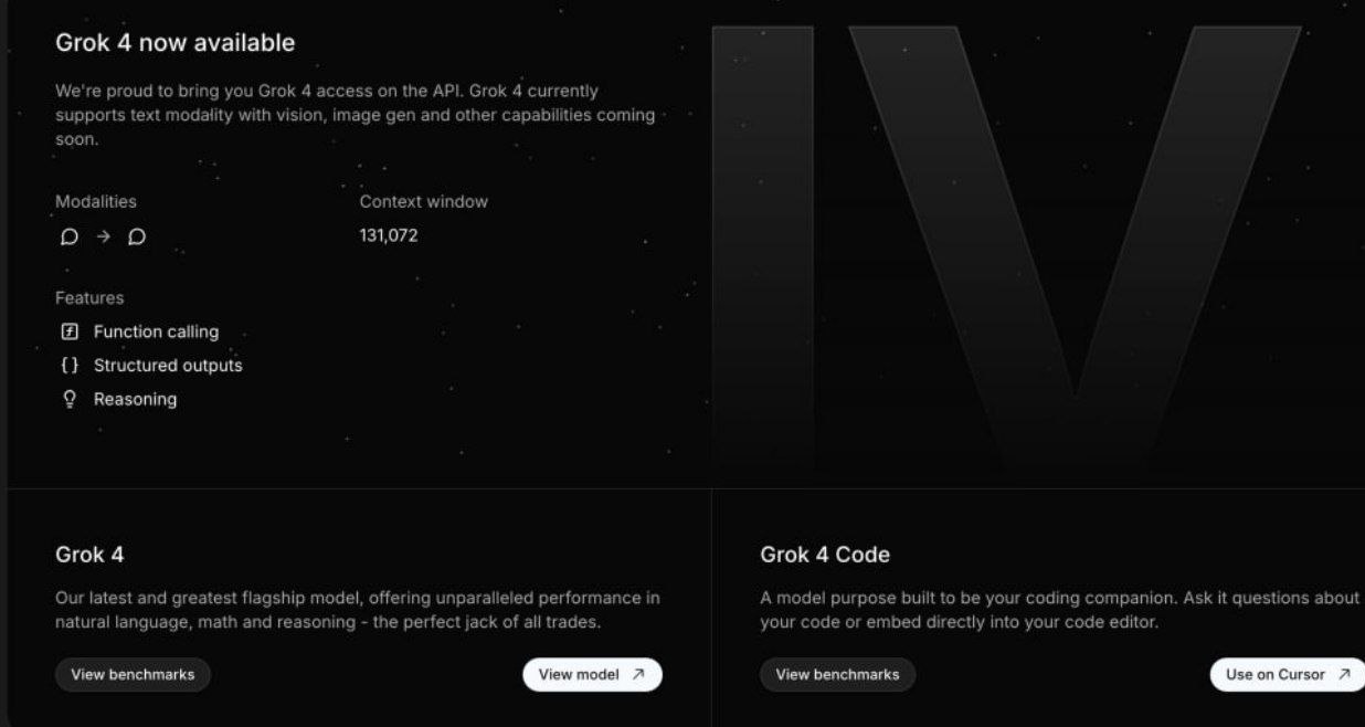 xAI Илона Маска готовится к релизу Grok 4. Описание модели заметили на странице с API.  Судя по всему, помимо новой версии чат-бота, xAI также представит модель для кодинга Grok 4 Code, которую сразу можно будет попробовать в Cursor.