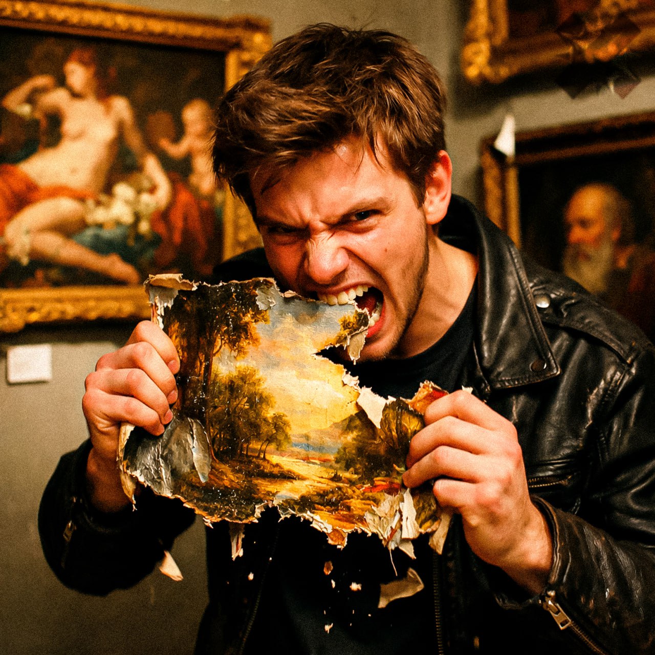 Студент на Аляске съел ИИ картины в знак протеста против нейросетевого искусства Парень сорвал со стен 57 из 160 работ и начал их поедать прямо в галерее Ущерб оценили в 220 его задержали и обвинили в хулиганстве это часть искусство просто никто не понял надеюсь вкусно было НМШ