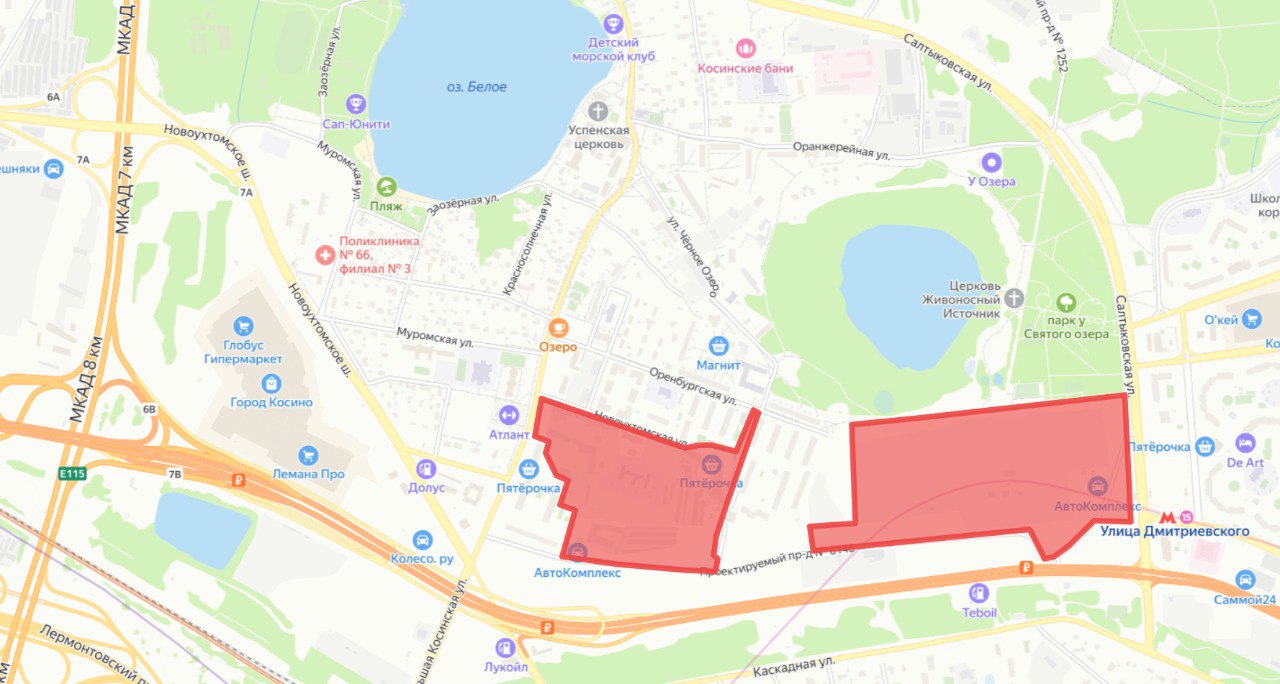 В районе Косино-Ухтомский построят свыше 550 000 м² общественно-жилой недвижимости в рамках программы КРТ Столичные власти утвердили параметры комплексного развития территории общей площадью более 24 гектара по адресам: Большая Косинская ул., вл. 18 и ул. Оренбургская, вл. 32. На этих двух участках построят 566 179 м² общественно-жилой недвижимости, из которых 383 340 м² — жилье по программе реновации. Кроме того, планируется строительство многофункционального комплекса на 112 000 м², школы, детского сада, физкультурно-оздоровительного комплекса и паркинга на 870 машино-мест. Сейчас большая часть этой территории — пустырь, оставшийся после сноса теплиц агрофирмы «Косино-Ухтомский». Также здесь расположены гаражи и производственные здания.