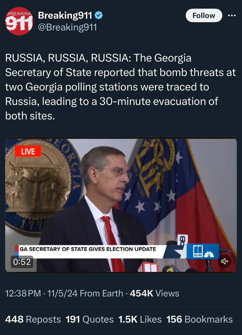 Россия стоит за угрозами взрывов на избирательных участках в США?    Это даже близко не так    Не хотел писать что-то в стиле «ну это же очевидный бред», поэтому ждал деталей, вот они и появились.  ФБР арестовало 25-летнего Николаса Уимбиша, сотрудника одного из участков, куда приходили угрозы. Он рассылал письма от имени избирателя, с которым у него случился конфликт.  Сказано об этом в заявлении ФБР, опубликованном на сайте Минюста США.  Правда то же ФБР также заявило, что в курсе сообщений о минировании, приходивших с российских почтовых адресов.  Зачем было отправлять их с российских сервисов? Очевидно, только за тем, чтобы они были отправлены с российских сервисов.  Секретарь штата Джорджии Брэд Рафенспергер, который изначально и заявил о «российском вмешательстве», сам же и подвел итог этим рассылкам — на голосование это никак не повлияло.