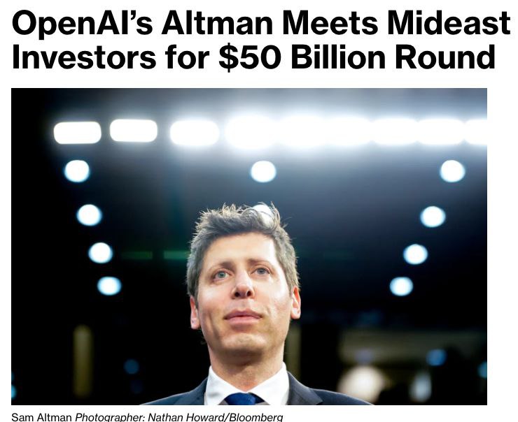 Сэм Альтман проводит встречи с инвесторами с Ближнего Востока по поводу нового раунда финансирования OpenAI который может составить более 50 млрд при общей оценке компании в 750 830 млрд banksta