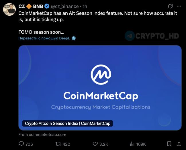#альткоины А бывший CEO Binance написал о приближении «сезона FOMO»…не о пиках эйфории на рынке – прикрепил к посту ссылку на индекс альткоинов по версии CMC. Ранее: Santiment Crypto Headlines
