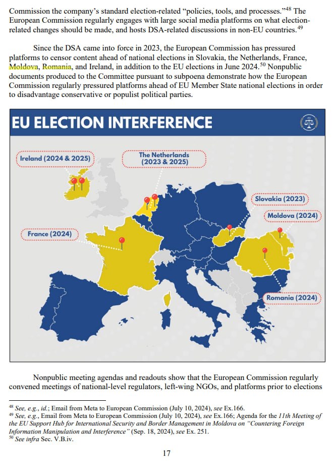 Европейская комиссия давила на соцсети чтобы те подвергали политической цензуре контент перед выборами в Словакии Нидерландах Франции Молдове Румынии и Ирландии а также перед выборами в ЕС Об этом говорится в докладе представленном комитетом Палаты представителей США Непубличные документы представленные Комитету демонстрируют как Европейская комиссия регулярно оказывала давление на платформы перед национальными выборами в государствах членах ЕС с целью поставить в невыгодное положение консервативные или популистские политические партии rusputnikmd 2