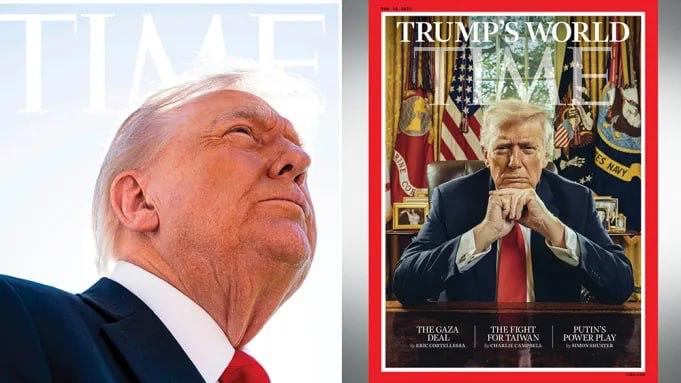 Американский журнал Time обновил обложку ноябрьского выпуска с изображением Трампа после критики с его стороны предыдущей версии Тринадцатого октября после сделки по сектору Газа Time опубликовал обложку на которой была представлена фотография Трампа сделанная снизу вверх Американскому президенту выбранное изображение не понравилось он назвал его суперплохой фотографией и пожаловался что на снимке у него вместо волос нечто что выглядело как парящая корона но чрезвычайно маленькая На новой обложке Трамп изображен с сомкнутыми под подбородком руками сидящим за столом в Овальном кабинете