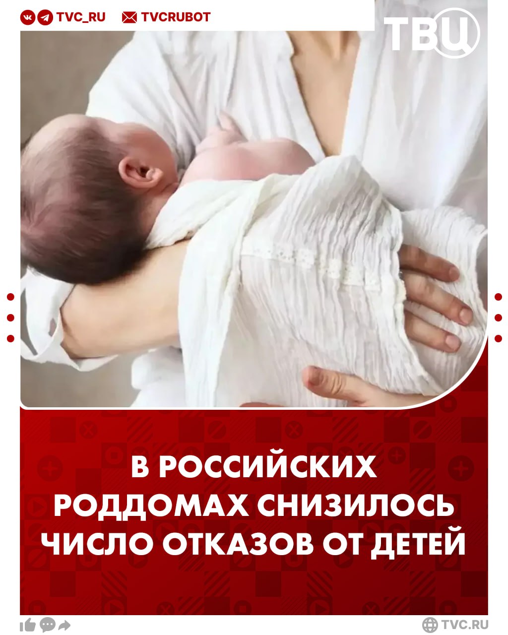 В российских роддомах на 80% снизилось число отказов от детей   Этих показателей смогли достигнуть за 12 лет. Есть регионы, где в 2024 году зафиксировано лишь 1 или 2 случая отказала от малыша.  С 2014 по 2023 год тройка лидеров по уменьшению числа отказов Республика Коми  94% снижение , Архангельская область  89%  и Ханты-Мансийский автономный округ  83% .