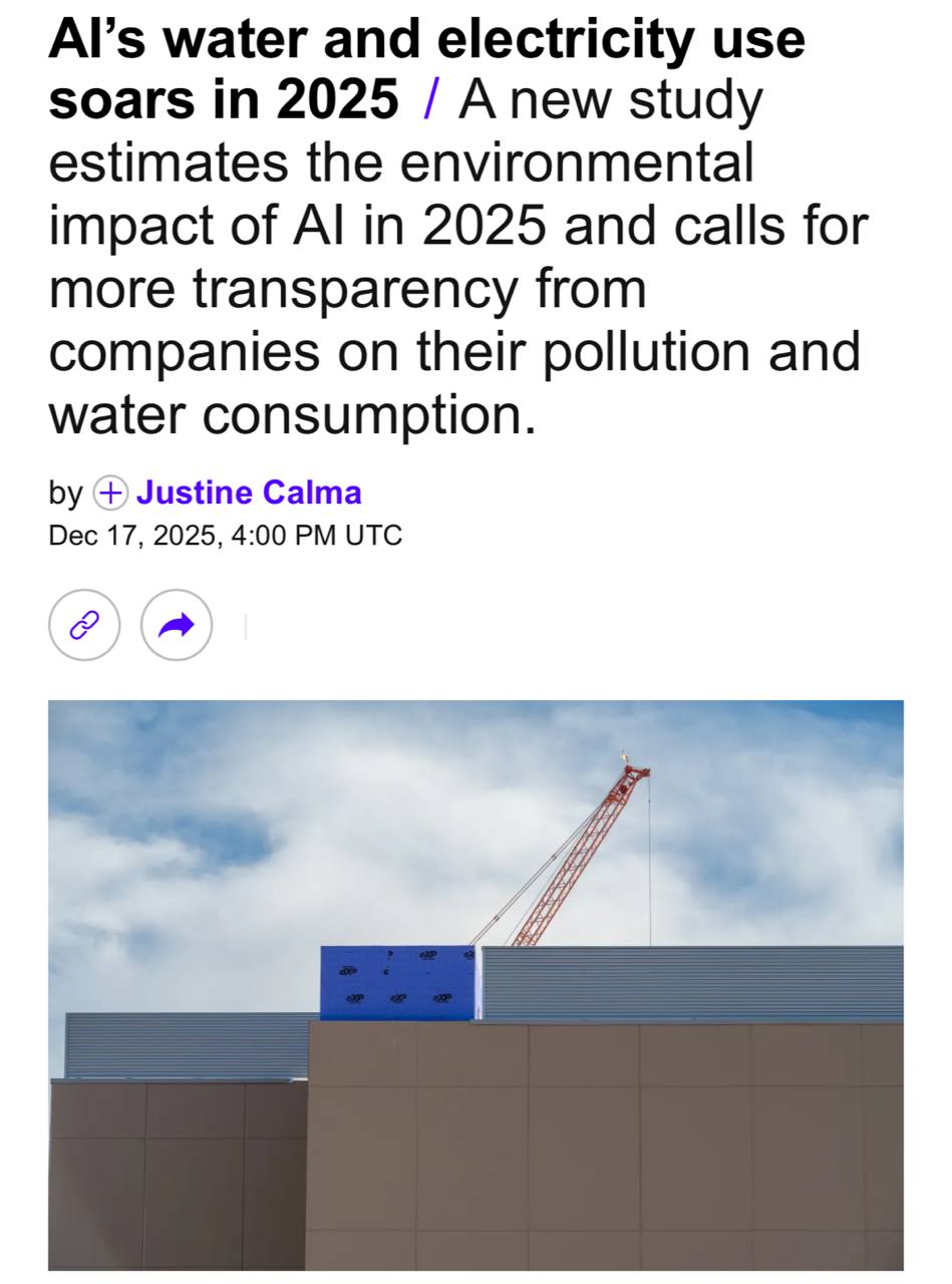 ИИ пожирает планету он потребляет воду и электричество как город миллионик Новое исследование показывает в 2025 году нейросети сожгли столько электричества что выбросили в атмосферу до 80 миллионов тонн CO2 это уровень Нью Йорка А ещё ИИ выпил до 760 миллиардов литров воды для охлаждения серверов в дата центрах Самое ужасное никто не знает точных цифр Бигтехи не раскрывают сколько ресурсов уходит на ИИ поэтому учёным приходится гадать по обрывкам данных В будущем вся эта история может привести к крупной экологической катастрофе Зато теперь у нас есть видосы с нейро котятами и бабульками AINews