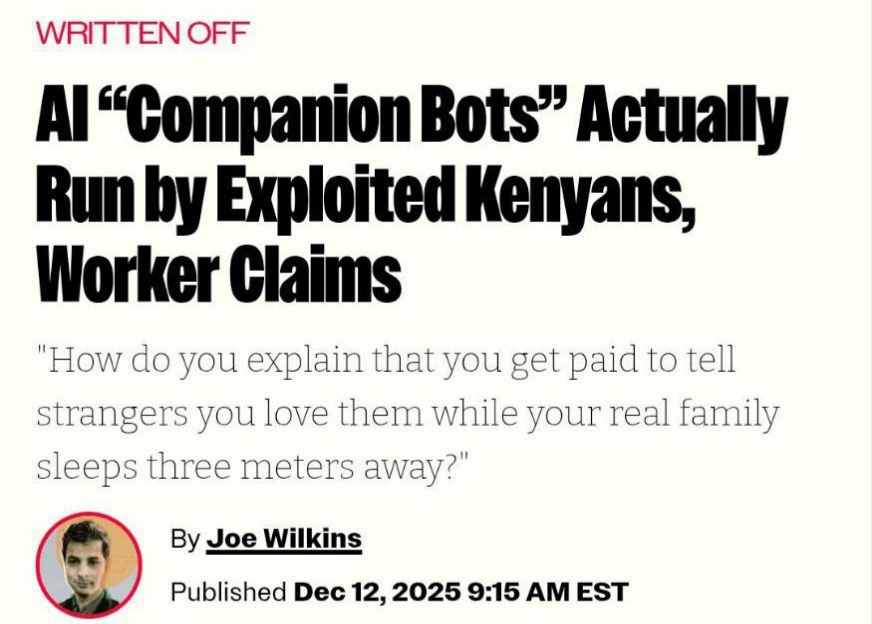 Австралийская ИИ компания оказалась колл центром из Кении Вместо нейросети с клиентами переписывались люди Один из сотрудников New Media Services рассказал что работал текстовым оператором и от лица трёх пяти выдуманных персонажей вёл романтические и интимные переписки с одинокими американцами которые верили что общаются с ИИ девушками Ему платили 5 центов за сообщение Главной задачей было чтобы клиент продлил подписку banksta
