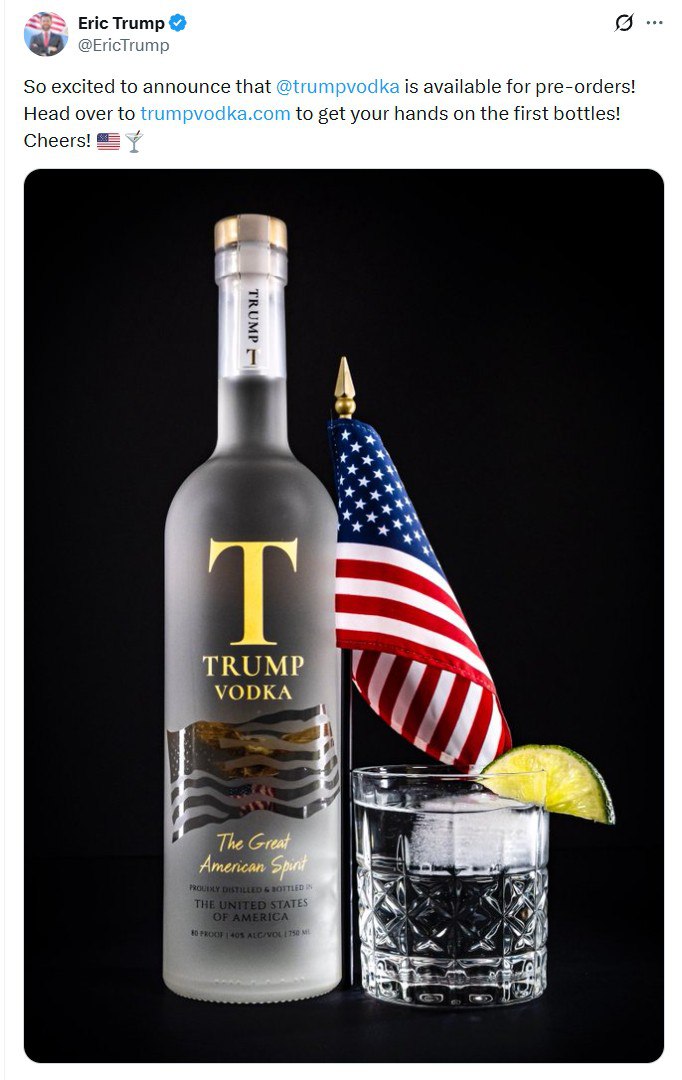 Эрик Трамп объявил о старте предзаказов на Трамп водку Сам Дональд Трамп неоднократно заявлял о том что вообще не употребляет алкоголь