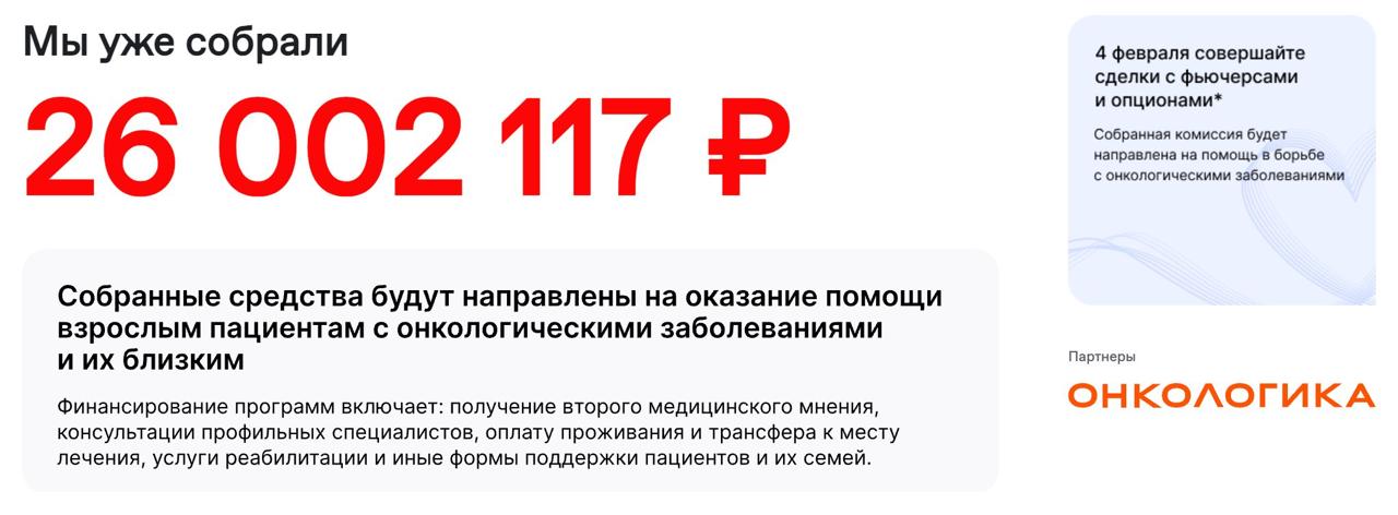 Уже собрано 26 млн рублей в День благотворительности на срочном рынке Биржевая комиссия от сделок с фьючерсами и опционами за сегодня будут направлены на оказание помощи пациентам с онкологическими заболеваниями Как присоединиться к акции и поддержать благотворительность рассказали здесь moex derivatives