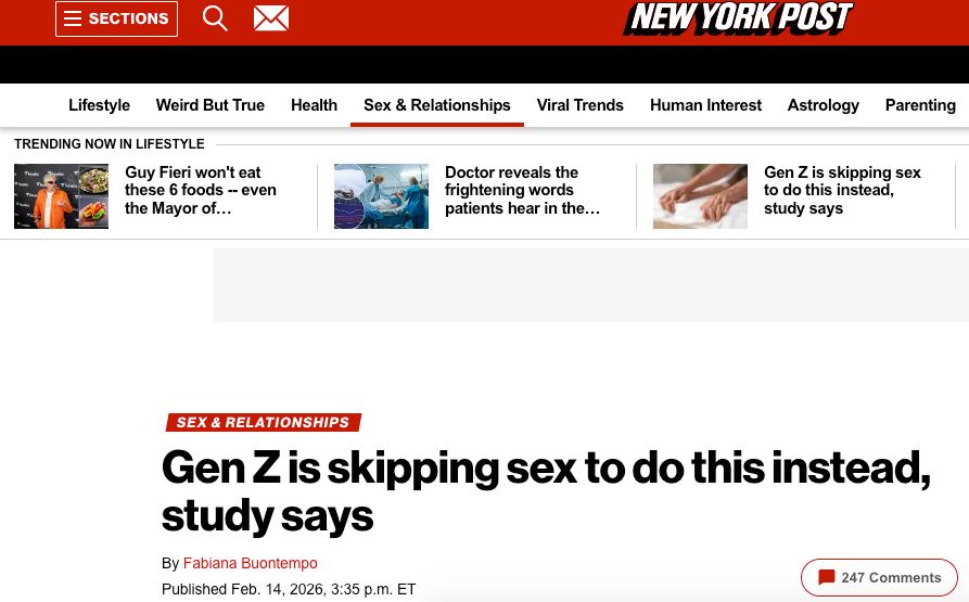 Зумеры отказываются от секса ради сна Об этом пишет New York Post со ссылкой на опрос в котором поучаствовали 2 тысячи человек 67 ответили что выберут сон вместо интима Еще среди ответов предпочтение работе личный успех время с друзьями и наедине с собой Один из экспертов издания сказал что поколение Z сосредотачивается на том что легко доступно например просмотр Netflix или забота о себе При этом молодые люди более осознанно подходят к интимным отношениям чем старшие поколения prmira news