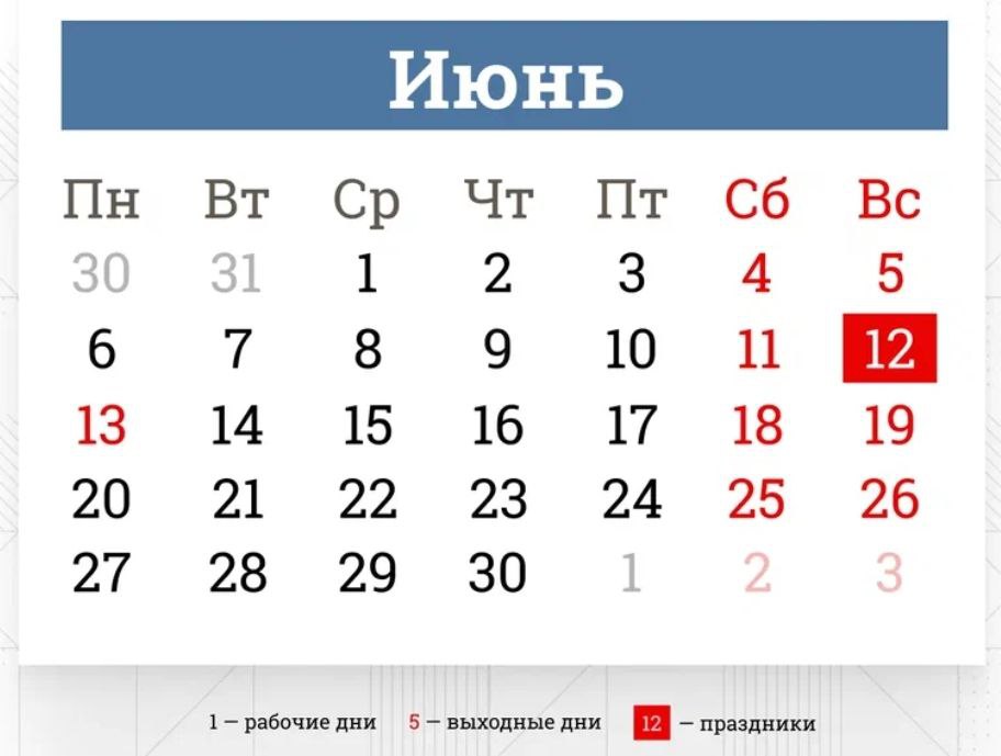 В июне россиян ждут четырехдневные выходные   ‍ ‍ ‍  Россияне, которые трудятся на пятидневке, будут отдыхать с 12 по 15 июня включительно. Дополнительные выходные приурочены к празднованию Дня России  12 июня , который согласно ст. 112 Трудового кодекса является нерабочим праздничным днем.   При этом кабмин перенес еще один выходной день с субботы 8 марта на пятницу 13 июня.     Короткая рабочая неделя продлится с 9 по 11июня, а также 11 число будет предпраздничным днем, потому рабочее время будет сокращено на 1 час.  ‼  Также обращаем Ваше внимание, что консульские учреждения России также будут закрыты 12 и 13 июня.   ‍  Кроме этого, в последнюю субботу июня в России отмечается День молодёжи. В этом году праздник выпадает на 28 июня.