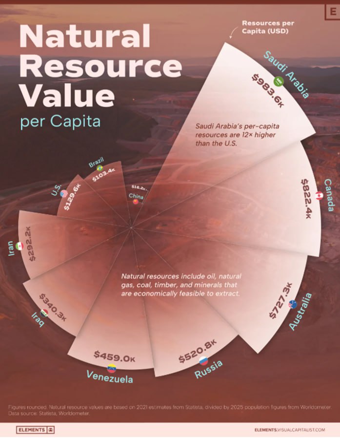 Государства крупнейшие мировые ресурсные гиганты Саудовская Аравия занимает первое место по объему природных ресурсов на душу населения достигая почти 1 млн что значительно опережает другие ведущие страны богатые природными ресурсами Несмотря на большие совокупные резервы большая численность населения вытесняет Китай и США в нижнюю часть первой десятки Россия четвертая с полумиллионами долларов на человека