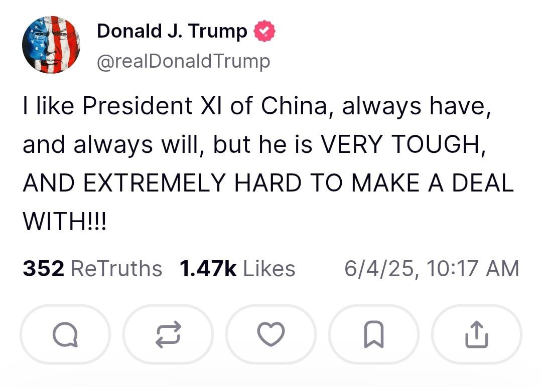 Дональд Трамп: Мне нравится глава КНР Си Цзиньпин — всегда нравился и будет нравиться. Но он ОЧЕНЬ ЖЕСТКИЙ и с ним ЧРЕЗВЫЧАЙНО ТРУДНО ДОГОВАРИВАТЬСЯ!