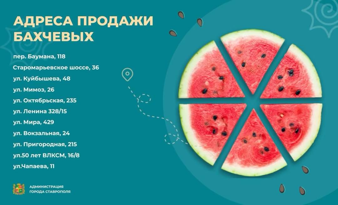 В Ставрополе началась продажа бахчевых культур До конца сентября в городе работают 11 площадок, где вы можете приобрести свежие и качественные бахчевые продукты. Ищите тематические баннеры «Покупай ставропольское!» на точках продаж. Администрация города гарантирует, что вся продукция соответствует стандартам качества.