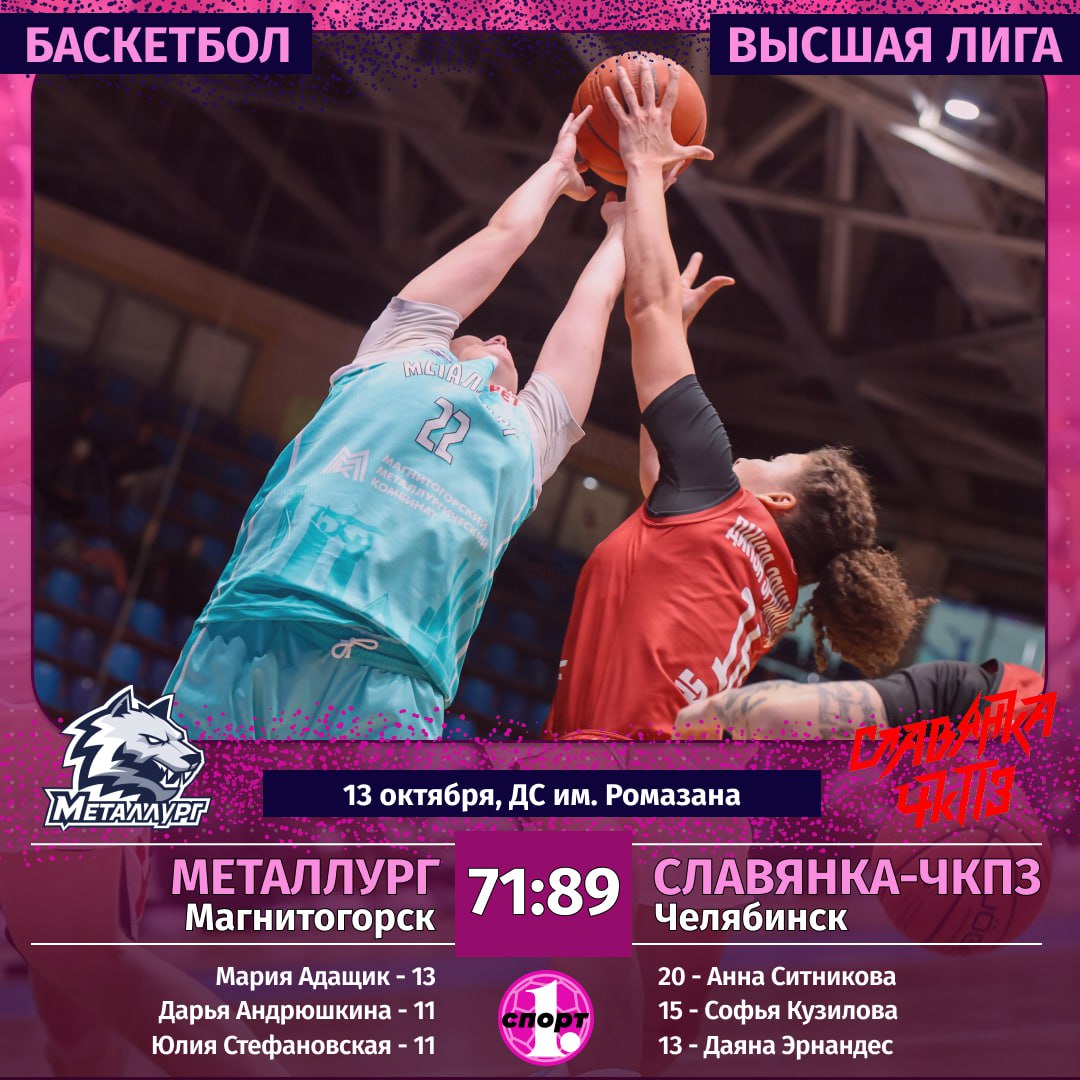 Вторая серия южноуральского баскетбольного дерби осталась за челябинской Славянкой ЧКПЗ Сегодня подопечные Евгения Рыжкова взяли реванш у магнитогорского Металлурга и одержали первую победу сезона в Высшей лиге 89 71 У челябинок великолепный матч провела капитан команды Анна Ситникова 19 очков и 11 подборов за 30 минут игры Вновь на высоте была Даяна Эрнандес Челябинки возвращаются домой где 20 и 21 октября сыграют с Динамо 2 из Новосибирска Металлург в эти же дни примет у себя красноярский Енисей 2 odinoblsport