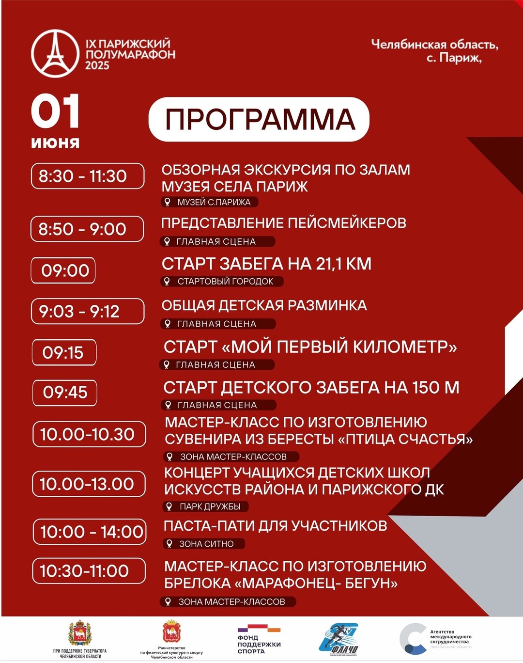 31 мая и 1 июня в селе Париж Нагайбакского района пройдет самый колоритный легкоатлетический пробег и массовая велогонка Забеги пройдут в два дня, а к уже традиционным маршрутам добавятся ночной забег «Огни Уральского Париж» и массовая велогонка. На дистанции выйдут и любители, и профессиональные атлеты, дети и представители старшего поколения. Каждый финишер получит медали с уникальным дизайном и сможет сделать лазерную гравировку с результатом забега. : северная ходьба, велозаезды, забег на 5 километров, ночной забег «Огни Уральского Парижа». Под сводами уменьшенной копии Эйфелевой башни состоится Парижская неделя моды. Местные дизайнеры и звездный гость Алена Ахмадуллина представят свои коллекции. : полумарафон, где атлеты пробегут 21,1 километр, забег на 10 километров, детские забеги и традиционная «Парижская миля». Кроме культурной и спортивной программы участники и гости забега смогут погрузиться в культуру народа нагайбаков, проживающих на территории уральского Парижа. Пройдут мастер-классы от ремесленников, экскурсии в музей села Париж, будут работать точки питания с национальной кухней. В Парке Дружбы пройдет семейный квест, баскетбольные мастер-классы и другие активности. Кроме того, участники и гости забега смогут сделать фотографии с олимпийским чемпионом Романом Костомаровым, отправить уже традиционные открытки из Парижа в зоне «Почты России», посмотреть концертную программу с выступлениями народных коллективов Нагайбакского района и области, хэдлайнера вечера группы NLO. Парижский полумарафон состоится при поддержке Губернатора Челябинской области. Организаторы проекта - Министерство по физической культуре и спорту Челябинской области, Фонд поддержки спорта, Федерация легкой атлетики Челябинской области. С регламентом программы, информацией о выдаче стартовых пакетов можно ознакомиться на официальной странице Парижского полумарафона.