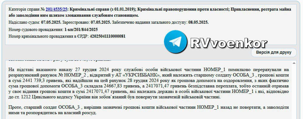 ВСУшнику выплатили 2,4 млн вместо 25 тысяч, он обрадовался и сбежал Украинскому боевику ошибочно насчитали 2,4 млн грн зарплаты вместо 25 000 грн. Он воспользовался моментом и сразу ушел в СОЧ. Его поймали, на допросе он рассказал, что "не поверил своему счастью и решил убежать". Вернуть он смог только 1,5 млн, потому что 900 тысяч уже потратил. Подписаться Перекличка