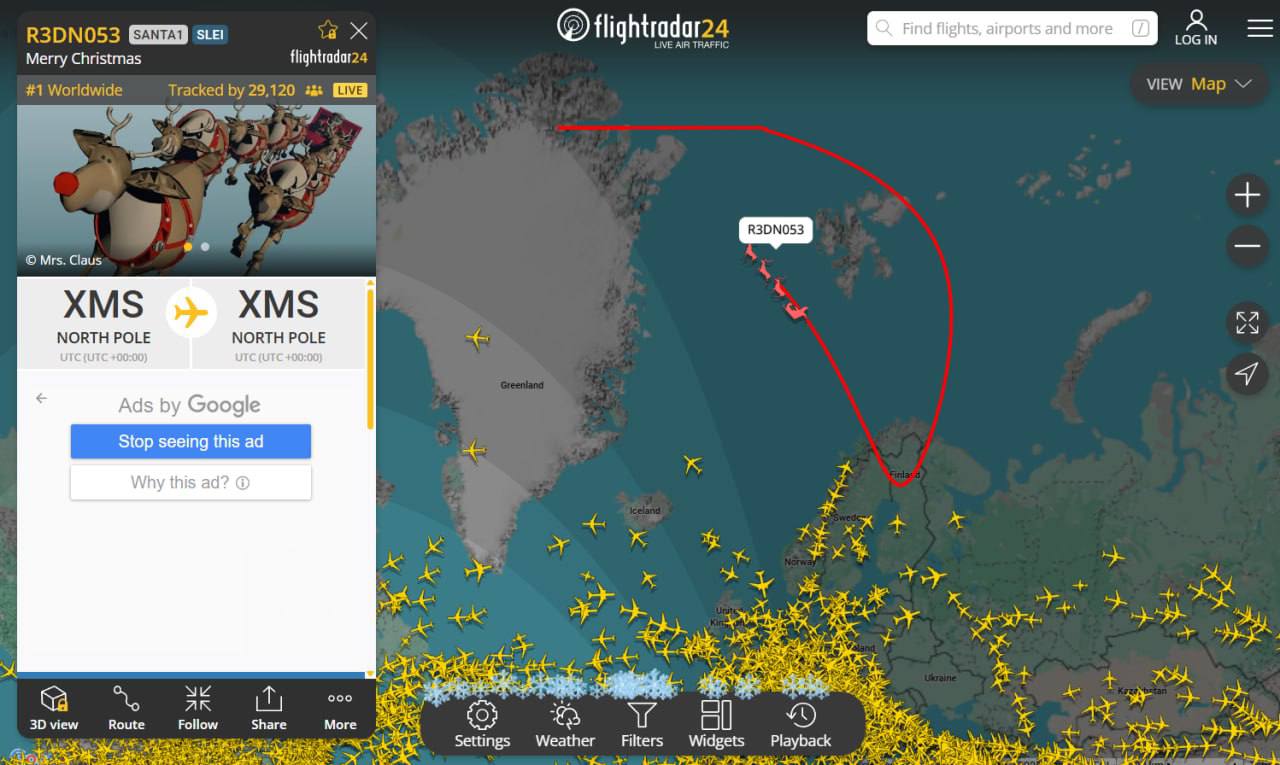 Санта Клаус отправился в полет вокруг Земли следить за ним можно на сервисе Flightradar24