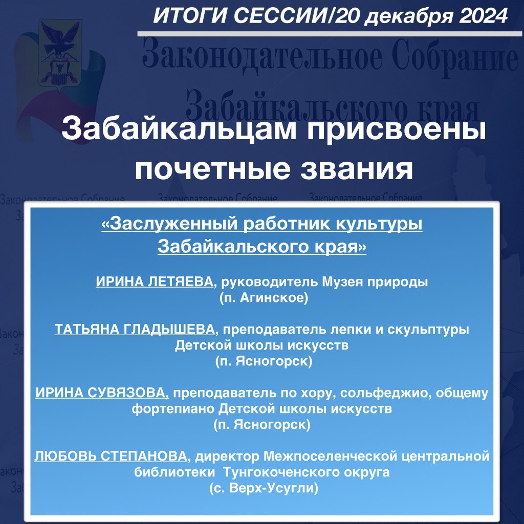 Семнадцать забайкальцев встретят 2025 год с почетным званием  Постановление о присвоении профессиональных званий принято на декабрьской сессии Законодательного Собрания.  Звания присваиваются за заслуги и высокое мастерство в профессиональной деятельности по ходатайству трудовых коллективов. В числе нынешних 17-ти человек вошли представители сферы образования, здравоохранения, культуры, транспорта.  Ряд коллективов Забайкалья пополнились сразу несколькими заслуженными специалистами. Среди них – Детская школа искусств поселка Ясногорск. Преподавателям учреждения Татьяне Гладышевой и Ирине Сувязовой присвоено звание «Заслуженный работник культуры Забайкальского края».  Воспитатели детского сада № 17 поселка Горный Наталья Андреева и Мария Стельмах стали заслуженными работниками образования, а артистам драмы Забайкальского краевого драматического театра им. Н.А. Березина Юлии Ильницкой, Алексею Плетнёву и Алексею Терёхину присвоены звания заслуженных артистов Забайкальского края.