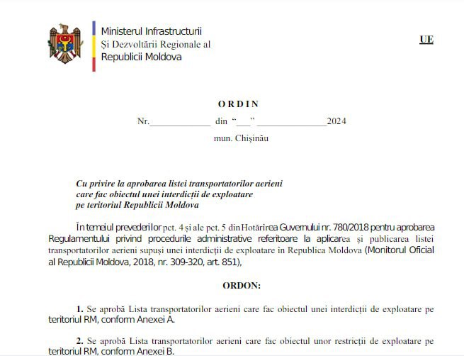 Министерство инфраструктуры Молдовы хочет запретить в стране работу авиакомпаний из России и Кыргызстана, сообщает  .  В список также попала и Flyone Armenia из группы компаний, в которую также входит и молдавская FlyOne. Мининфраструктуры Молдовы объясняет запрет "необходимостью привести национальное законодательство в соответствие с нормами ЕС".  Проект вынесли "на общественное обсуждение" до 9 января.