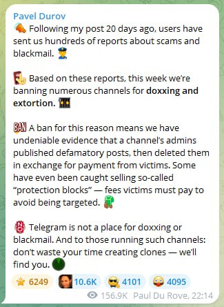Telegram начал блокировать каналы, публикующие личную информацию пользователей, после сообщений о шантаже, сообщил Павел Дуров.   От Первого Лица   Бусты