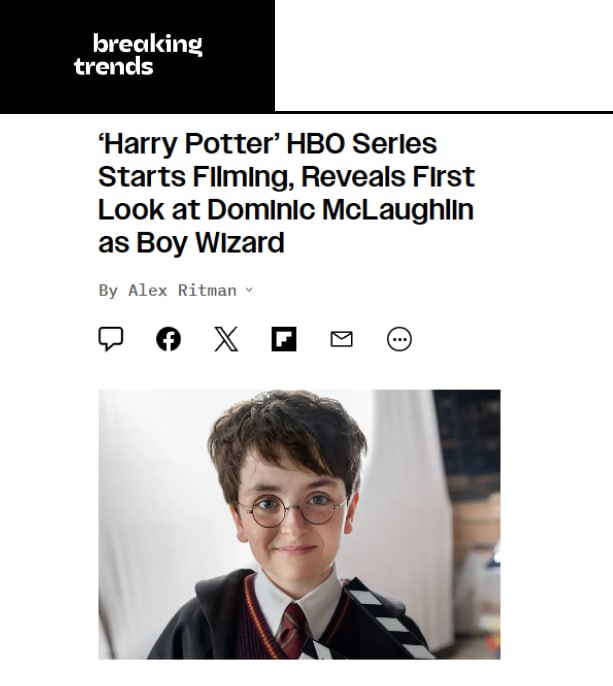 Съемки сериала по «Гарри Поттеру» стартовали, пишет Variety. В сети уже показали первое фото нового Гарри. Премьера сериала состоится в 2027 году на платформах HBO. Breaking Trends