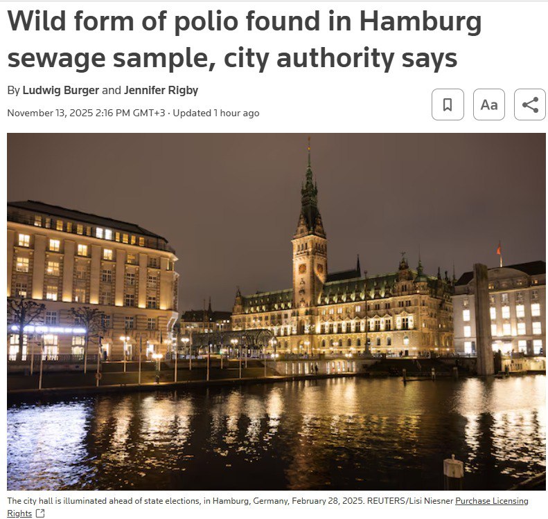 Власти Германии сообщили что в Гамбургу в сточных водах выявили дикую форму вируса полиомиелита Последние случаи заражения людей полиомиелитом в Германии произошли 30 лет назад Наш канал в MAX