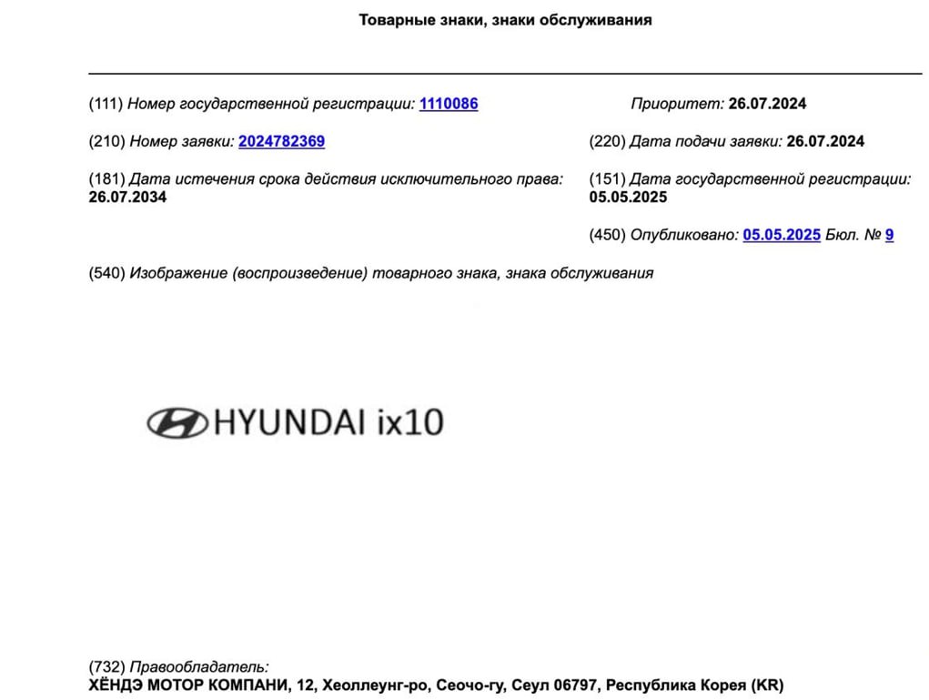 Hyundai зарегистрировал в России три товарных знака, следует из данных Роспатента. Товарные знаки зарегистрированы с наименованиями Hyundai ix10, Hyundai ix40, Hyundai ix50.