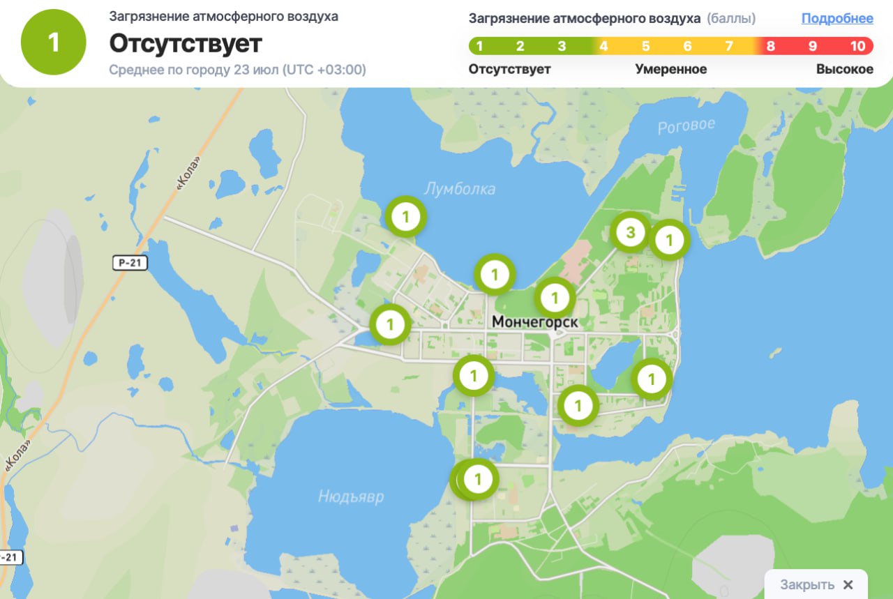 В Мончегорске запустили систему мониторинга воздуха Она объединяет 11 станций, которые каждые 20 минут фиксируют уровень загрязняющих веществ и рассчитывают индекс качества воздуха – от зеленого чисто до красного высокое загрязнение . Информация публикуется в режиме реального времени. Доступна история показателей за последние 14 дней. Система реагирует не только на промышленные выбросы, но и на другие источники. Цель проекта – сделать экологические данные открытыми и понятными для горожан. Аналогичная система уже работает в Норильске. Подписаться Прислать новость