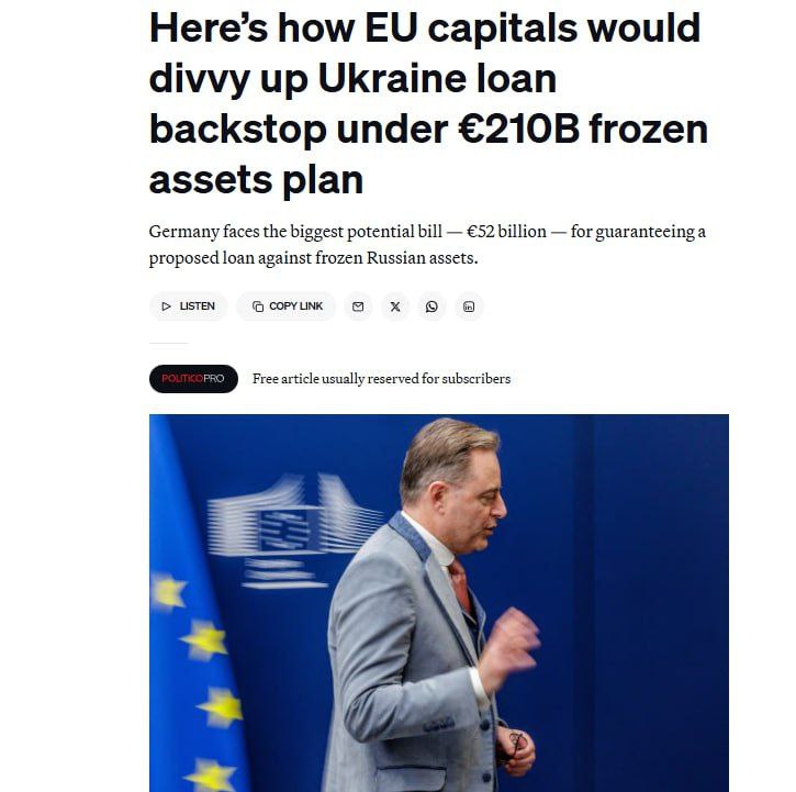 Германия согласна обеспечить 1 4 суммы репарационного кредита для Украины за счет замороженных российских активов Politico Как пишет издание странам ЕС придется внести собственные средства чтобы выдать Украине кредит на 210 млрд евро Обязательства по кредиту будут распределены пропорционально между всеми членами ЕС так требует премьер Бельгии Барт де Вевер опасающийся что иначе его стране придется покрывать возможную недополученную компенсацию от РФ У Euroclear в Бельгии хранится около 185 млрд евро российских активов еще 25 млрд в частных банках ЕС Без помощи Евросоюза дефицит украинского бюджета может достигнуть 72 млрд евро Caucasian bureau