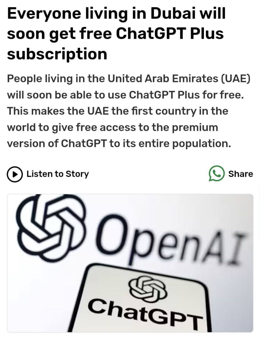 Жители ОАЭ смогут пользоваться ChatGPT Plus бесплатно — ранее подписка стоила $20 в месяц. OpenAI приняла это решение в благодарность шейхам за размещение крупнейшего дата-центра Stargate UAE.