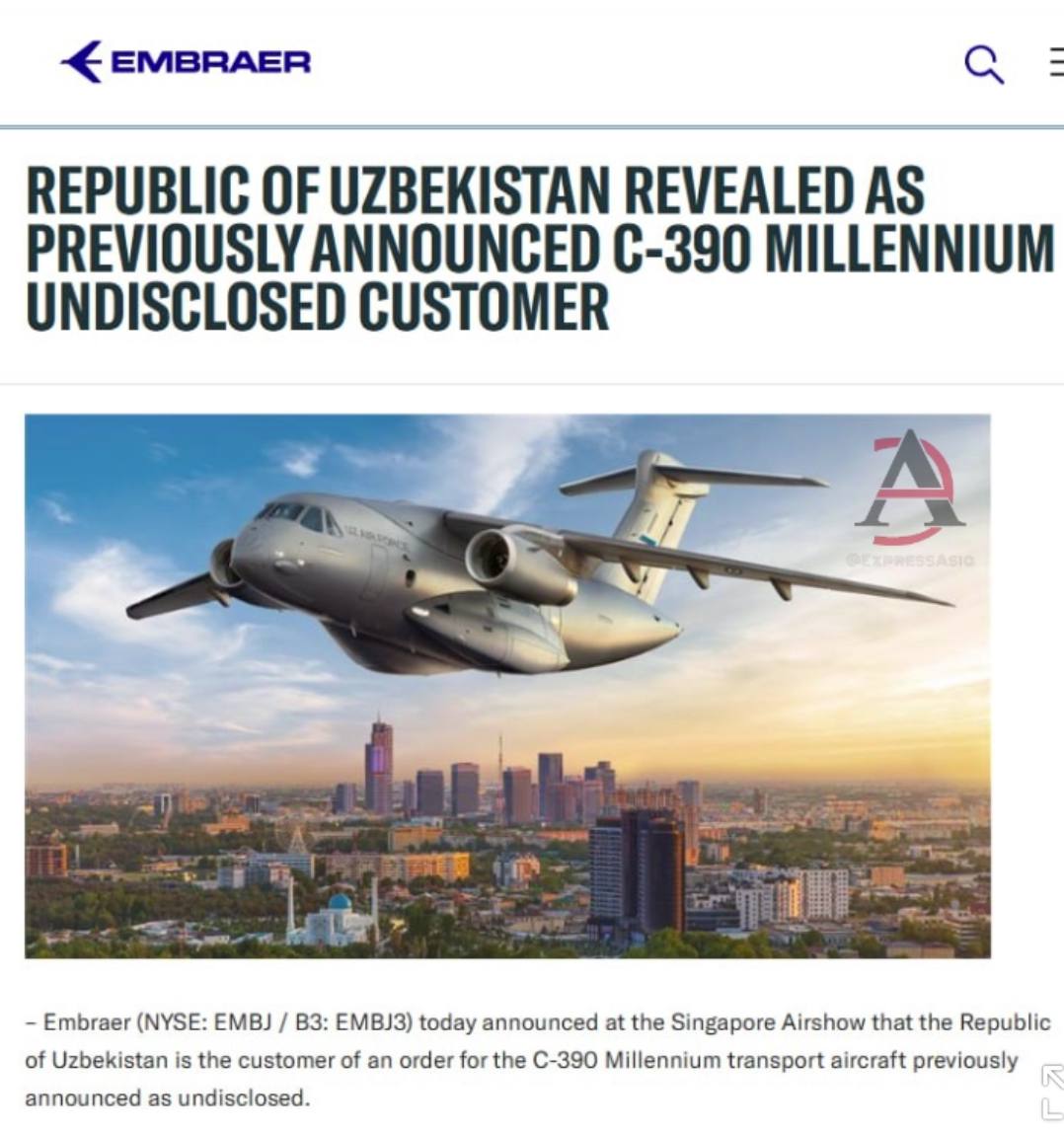 Бразилия официально подтвердила закупку Узбекистаном новых транспортников На авиасалоне гендиректор компании Embraer Боско да Коста Жуниор сообщил что ВВС Узбекистана планируют использовать приобретённые самолёты C 390 Millennium в основном для транспортных и гуманитарных операций Республика стала новым оператором C 390 Это событие открывает перед ВВС страны новые возможности для модернизации транспортной авиации отметил он  Он подчеркнул что для компании большая честь что ведущие ВВС Центральной Азии остановили выбор на их самолёте и пообещал тесное сотрудничество для обеспечения его надёжной и эффективной эксплуатации   Компания также отметила что C 390 Millennium относится к числу самых современных средних и мобильных военно транспортных самолётов способным перевозить до 26 тонн груза развивать скорость 470 узлов и преодолевать большие расстояния Также C 390 способен взлетать с временных и грунтовых аэродромов и полностью совместим со стандартами НАТО и идеально подходя для мобильных операций по развертыванию Agile Combat Employment ACE Вместе с этим в соцсетях Узбекистана уже обсуждают что новый самолёт со временем может частично заменить Ил 76 в авиапарке ВВС Узбекистана Вместе с тем ряд экспертов отмечают что Ил 76 является тяжёлым транспортником предназначенным для перевозки крупногабаритных грузов а C 390 всё таки относится к среднему классу и рассчитан на более гибкие быстрые и экономичные операции Остаётся лишь выяснить собирается ли Узбекистан в будущем использовать оба типа транспортных самолётов одновременно или же необдуманно рискнет сделать выбор в пользу мобильности и соответствия стандартам НАТО пожертвовав проверенной надёжностью ℹ  Сейчас C 390 Millennium уже используют ВВС Бразилии Португалии Венгрии Южная Кореи Нидерланд Австрии Чехии Швеции Словакии и Литвы Узбекистан Бразилия         ExpressAsia