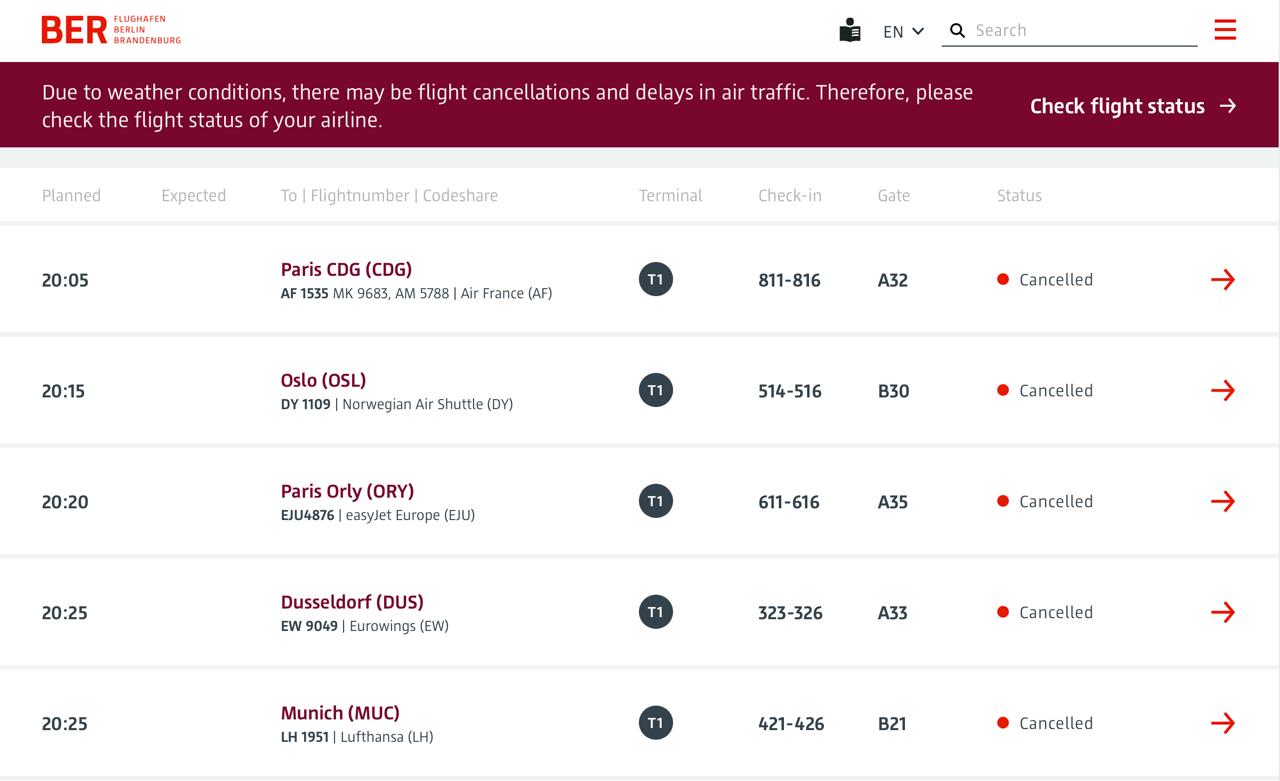 Аэропорт BER остановил работу из за погодных условий В аэропорту Берлин Бранденбург заявили что из за ледяного дождя и сильного гололеда сейчас невозможно безопасно выполнять взлеты и посадки поверхности стали зеркально скользкими Когда работу удастся возобновить пока неясно Дальнейшие решения планируют принимать утром в пятницу На сайте BER указано что в четверг больше не ожидается ни вылетов ни прилетов Пассажиров попросили проверять статус и пятничных рейсов Проблемы в аэропорту начались еще в утром После ледяного дождя самолеты не могли вылетать а обработка против обледенения занимала до часа Первый рейс отправился только ближе к полудню Позже расписание оказалось серьезно нарушено появились значительные задержки и многочисленные отмены пассажирам приходилось подолгу ждать Из примерно 180 запланированных вылетов к полудню отменили 35 затем последовали новые отмены ostwest tv