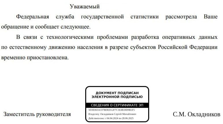 Росстат объяснил прекращение публикации статистики о рождениях и смертях россиян по регионам «техническими трудностями». Ранее, в октябре 2024 года, также прекратилась публикация данных по миграции и общей численности населения страны. В мае 2025 года стало известно, что Росстат больше не публикует и статистику по рождению и смерти по регионам.