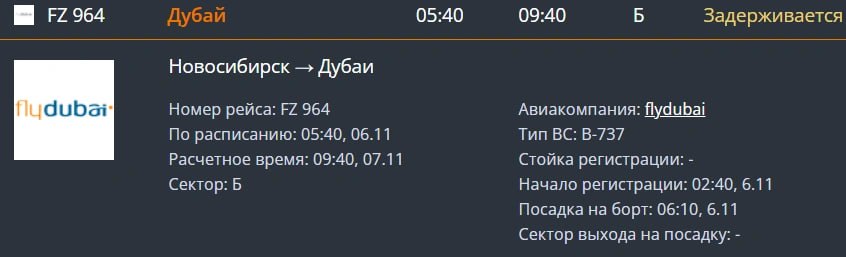 Вылет самолета из Новосибирска в Дубай перенесли на сутки.  Рейс FZ 964 авиакомпании Flydubai должен был вылететь в 05:40 6 ноября, теперь — в 09:40 7 ноября. Как сообщили   в Толмачево, задержка произошла по технической причине.  Если вы пассажир этого рейса, то свяжитесь с редакцией в комментариях или через  .