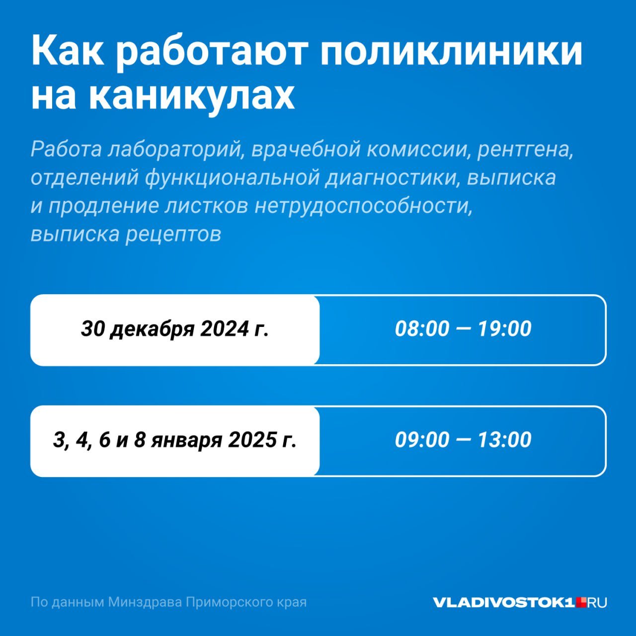 Минздрав Приморского края утвердил особый график работы поликлиник в новогодние каникул. Пациентов не будут принимать 31 декабря и 7 января, расписание остальных праздничных дней смотрите в наших карточках и в материале.  Скорая, больницы, травмпункты и роддома во Владивостоке и районах Приморья будут оказывать экстренную помощь круглосуточно.