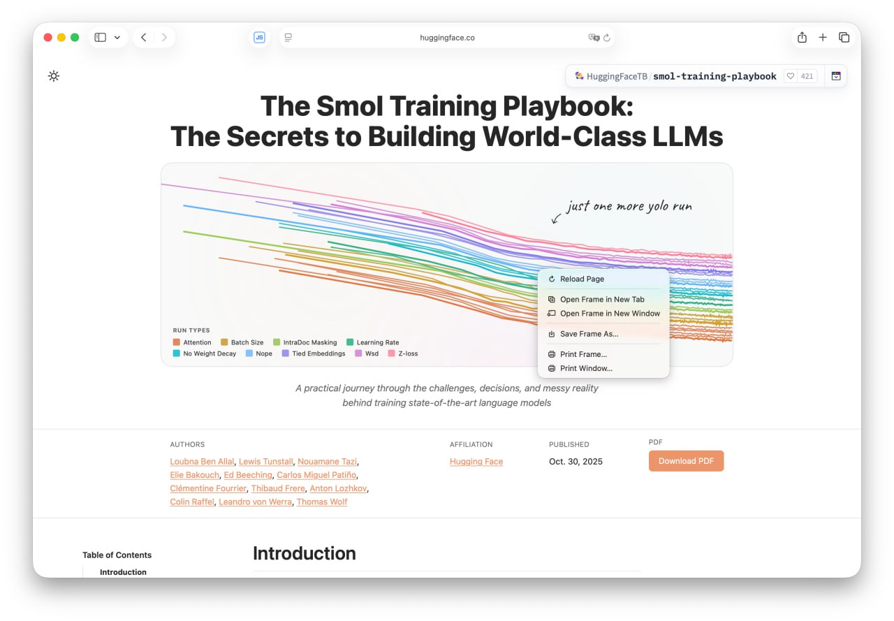 Hugging Face выпустили бесплатный учебник по обучению собственных моделей Его можно изучить за пару вечеров Помогут разобраться как правильно подобрать модель под свои задачи Расскажут про основные методы обучения постобучения и архитектуру нейронок Изучаем тут