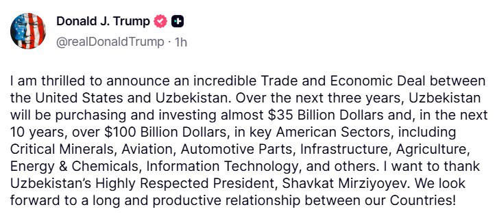 Узбекистан инвестирует 100 млрд в экономику США Дональд Трамп объявил о невероятной торгово экономической сделке между США и Узбекистаном По словам Трампа в течение ближайших трех лет Узбекистан вложит и закупит в США почти 35 млрд а в течение 10 лет свыше 100 млрд в таких секторах как критические минералы авиация автокомпоненты инфраструктура сельское хозяйство энергетика химия и IT При этом ВВП самого Узбекистана составляет 115 млрд а золото валютные резервы 55 млрд Инвестиционная стратегия уровня ALL IN t me finmentorkz