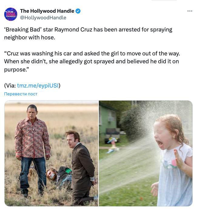 Звезду сериала Во все тяжкие Рэймонда Круза арестовали за то что он облил ребёнка водой из шланга Исполнитель роли Туко Саламанка мыл машину у себя во дворе но внезапно прибежала соседская девочка и начала мешать ему Он попросил её отойти и когда та отказалась облил водой Рэймонда арестовали Он должен предстать в суде 1 октября ShowTimeInfo подписаться