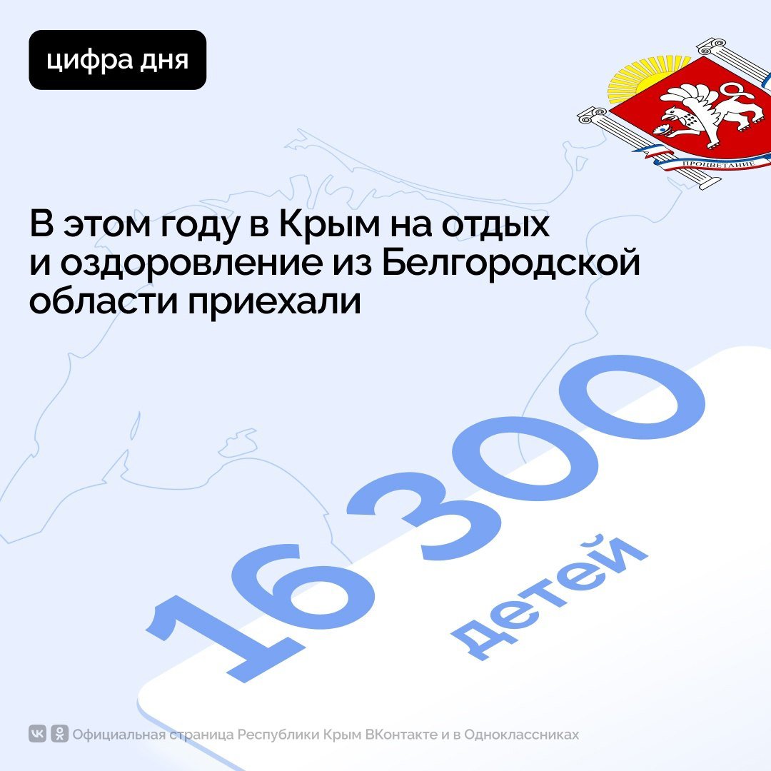 Более 16 тысяч детей из Белгородской области отдохнули в Крыму    Благодаря правительству России за этот год, в первую очередь за лето, 16 тысяч 300 детей смогли отдохнуть в Крыму.    Это были дети из приграничья и дети участников спецоперации.  #РеспубликаКрым