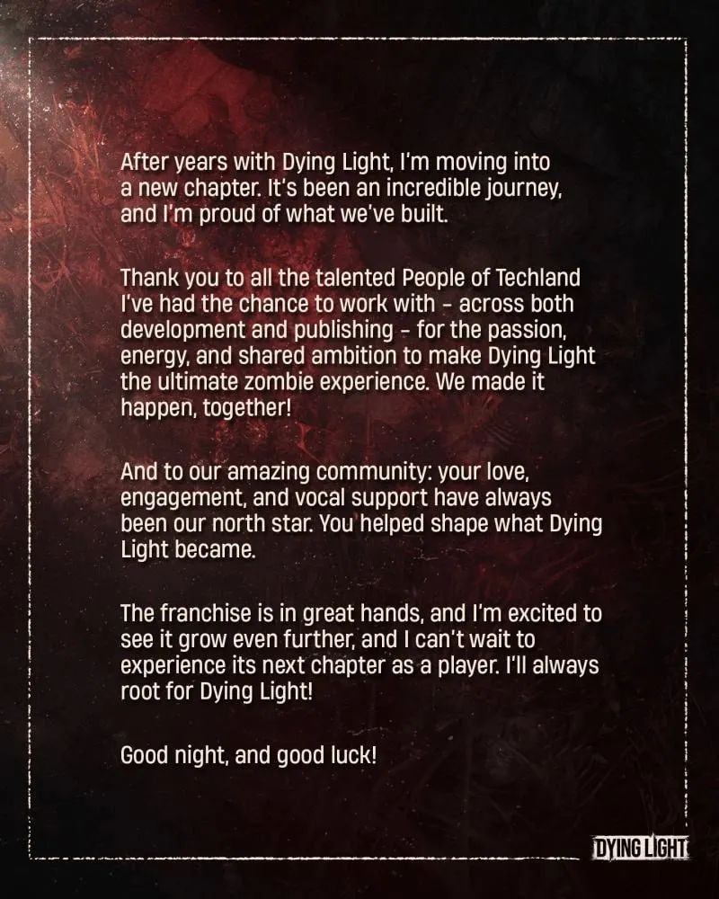 Руководитель франшизы Dying Light объявил об уходе из Techland Тимон Смектала приступил к работе над франшизой Dying Light в 2013 году в качестве геймдизайнера а в ноябре 2022 го стал руководителем всей серии 6 мая разработчик объявил об уходе из Techland не пояснив причину увольнения В прощальном письме он поблагодарил фанатов и коллег за проделанную работу Наш магазин в Telegram Мы в ВК Новости соседей Xbox XboxSeries XboxOne XboxGame